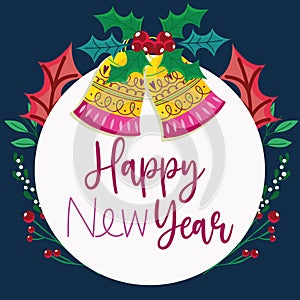 Happy new year bells with holly berry border decoration badge