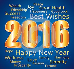 2016 Happy New Year. Best wishes. Blue and gold greeting card.