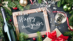 Happy New Year on a black board with decor around