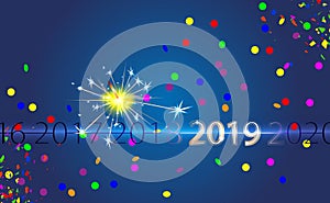 Happy New Year blue Background with silver inscription 2019 and bengal fire. Sparkler vector light effect. Party firework magic.