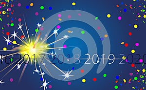 Happy New Year blue Background with silver inscription 2019 and bengal fire. Sparkler vector light effect. Party firework magic.