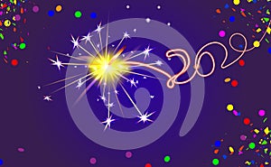 Happy New Year blue Background with silver inscription 2020 and bengal fire. Sparkler vector light effect. Party firework magic.
