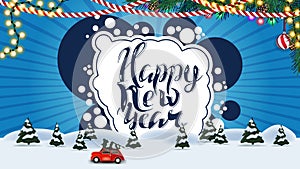 Happy New Year, blue postcard with cartoon winter landscape with red vintage car carrying Christmas tree