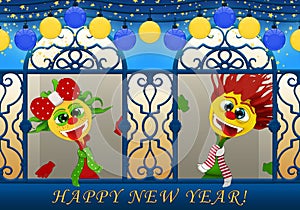 Happy New Year in blue and yellow, Cartoony boy and girl