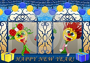 Happy New Year in blue and yellow, Cartoony boy and girl