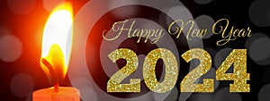 Happy New Year 2024 Bokeh Light And Candle Golden Shiny Text On Night Background.