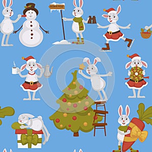 Happy New Year, bunny decorating Christmas tree seamless pattern