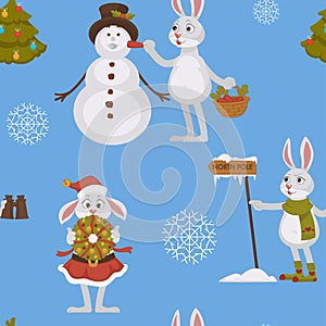 Happy New Year, bunny decorating Christmas tree seamless pattern isolated on blue background vector.