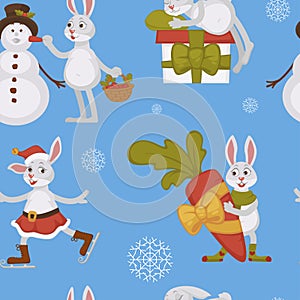 Happy New Year, bunny decorating Christmas tree seamless pattern isolated on blue background vector.