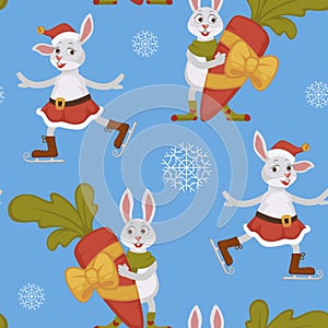 Happy New Year, bunny decorating Christmas tree seamless pattern isolated on blue background vector.