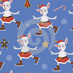Happy New Year, bunny decorating Christmas tree seamless pattern isolated on blue background vector.