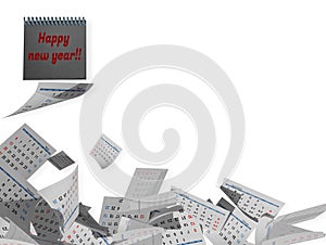 Happy new year calendar pages falling in a big pile isolated - 3d rendering