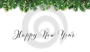 Happy New Year calligraphy. Christmas tree frame, seamless garland