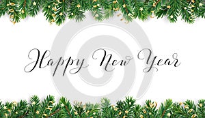 Happy New Year calligraphy. Christmas tree frame, seamless garland