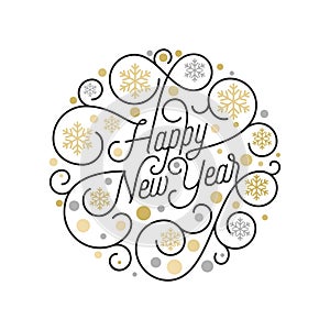 Happy New Year calligraphy lettering and golden snowflake pattern on white background for Xmas greeting card design. Vector golden