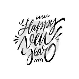 Happy New Year calligraphy phrase. Hand drawn black color lettering.