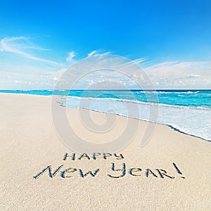 Happy New Year caption at tropical ocean beach against waves