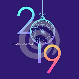 Happy New Year card with 2019 text design, trendy bright neon gradients, christmas ball and new year clock face.