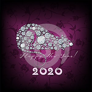 Happy new Year card 2020 greeting card with Diamond rat, symbol 2020 year