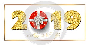 Happy New year card. 3D gift box, ribbon bow, frame gold number 2019 isolated white background. Golden texture Christmas