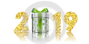 Happy New year card. 3D gift box, ribbon bow, gold number 2019 isolated white background. Golden texture Christmas