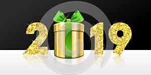 Happy New year card. 3D gift box, ribbon bow, gold number 2019 isolated white-black background. Golden texture Christmas
