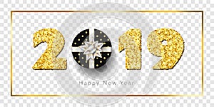 Happy New year card. 3D gift box, ribbon bow, gold number 2019 isolated white transparent background. Golden texture