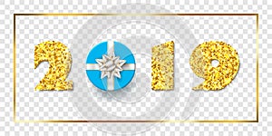 Happy New year card. 3D gift box, ribbon bow, gold number 2019 isolated white transparent background. Golden texture