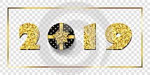 Happy New year card. 3D gift box, ribbon bow, gold number 2019 isolated white transparent background. Golden texture