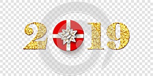 Happy New year card. 3D gift box, ribbon bow, gold number 2019 isolated white transparent background. Golden texture
