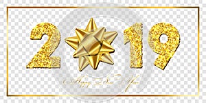 Happy New year card. 3D gift ribbon bow, gold number 2019 isolated white transparent background. Golden texture