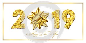 Happy New year card. 3D gift ribbon bow, text gold number 2019 isolated white background. Golden texture Christmas