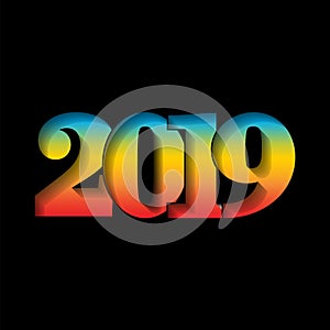 Happy new year card. 3D number 2019 with rainbow gradient texture, isolated black background. Bright graphic design