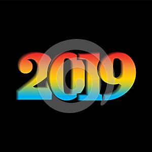 Happy new year card. 3D number 2019 with rainbow gradient texture, isolated black background. Bright graphic design