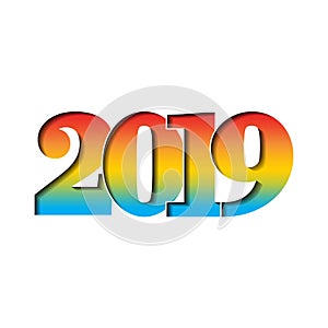 Happy new year card. 3D number 2019 with rainbow gradient texture, isolated white background. Bright graphic design