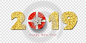 Happy New year card. 3D red gift box, ribbon bow, gold number 2019 isolated white transparent background. Golden texture