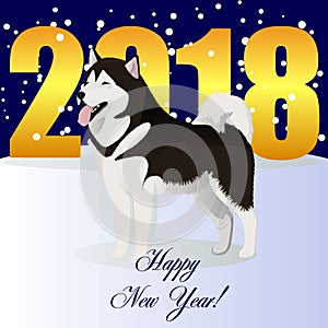 Happy new year card with Alaskian Malamute