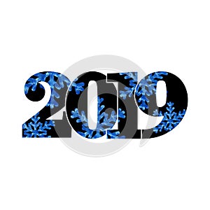 Happy new year card. Black number 2019 with blue snowflakes, isolated white background. Bright design for holiday