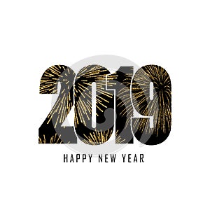 Happy new year card. Black number 2019 with gold snowflakes, isolated white background. Golden firework. Bright design