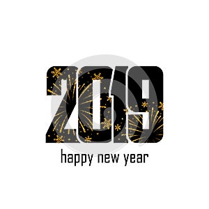 Happy new year card. Black number 2019 with gold snowflakes, isolated white background. Golden firework. Bright design