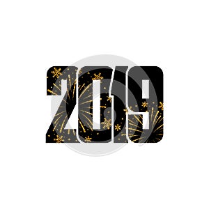 Happy new year card. Black number 2019 with gold snowflakes, isolated white background. Golden firework. Bright design