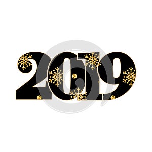 Happy new year card. Black number 2019 with gold snowflakes, isolated white background. Golden texture. Bright design