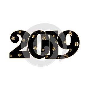 Happy new year card. Black number 2019 with gold snowflakes, isolated white background. Golden texture. Bright design