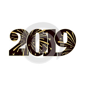 Happy new year card. Black number 2019 with gold sparkles, isolated white background. Golden firework. Bright design for