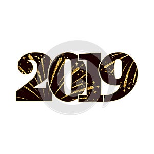 Happy new year card. Black number 2019 with gold sparkles, isolated white background. Golden firework. Bright design for