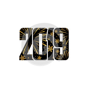 Happy new year card. Black number 2019 with gold snowflakes, isolated white background. Golden firework. Bright design