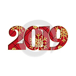 Happy new year card. Black red textured number 2019, gold snowflake, isolated white background. Bright graphic design