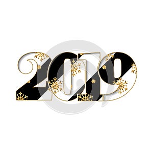 Happy new year card. Black striped number 2019, gold snowflake texture, isolated white background. Bright graphic design