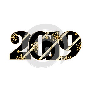 Happy new year card. Black textured number 2019, gold snowflake, isolated white background. Bright graphic design