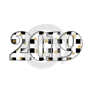 Happy new year card. Black textured number 2019, gold snowflake, isolated white background. Bright graphic design